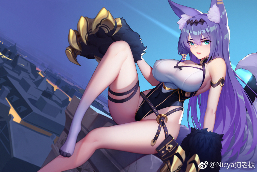 1girl, animal_ear_fluff, animal_ears, armlet, belt, blurry, breasts, claws
