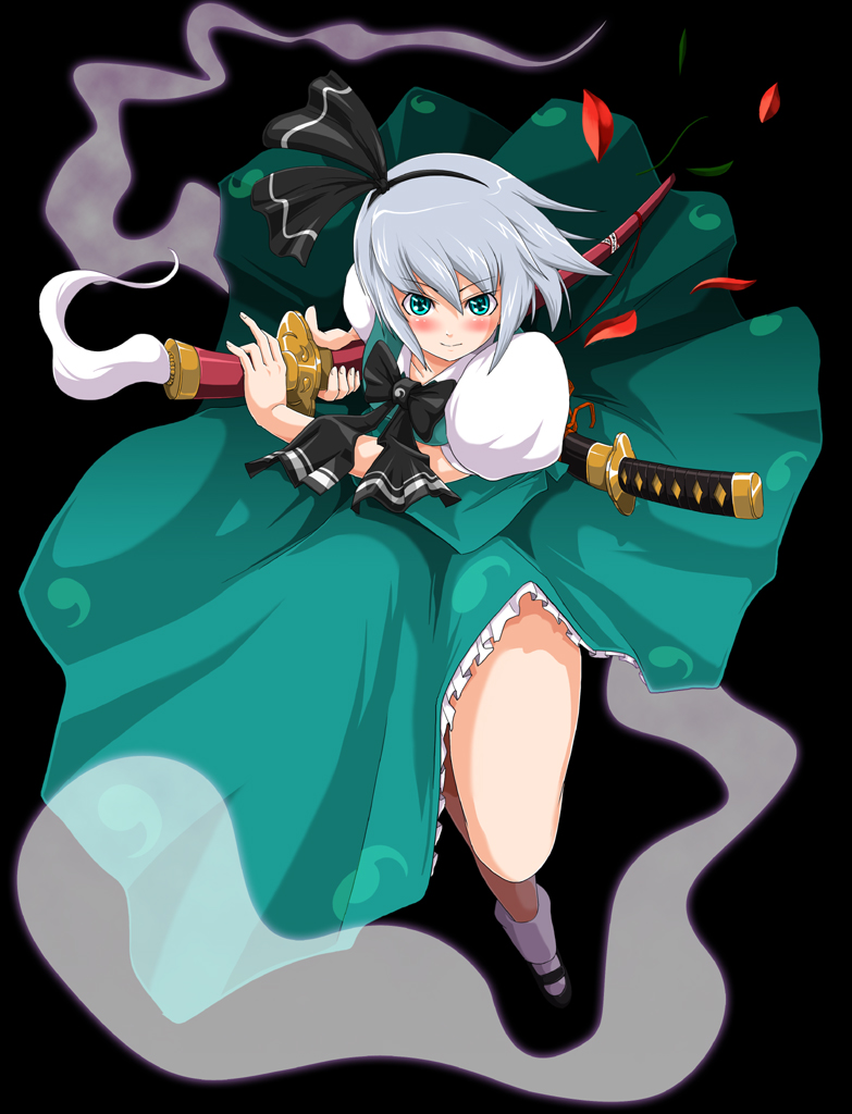 from_above, ghost, hair_ribbon, hair_ribbons, hairband, katana, konpaku_youmu, konpaku_youmu_(ghost)