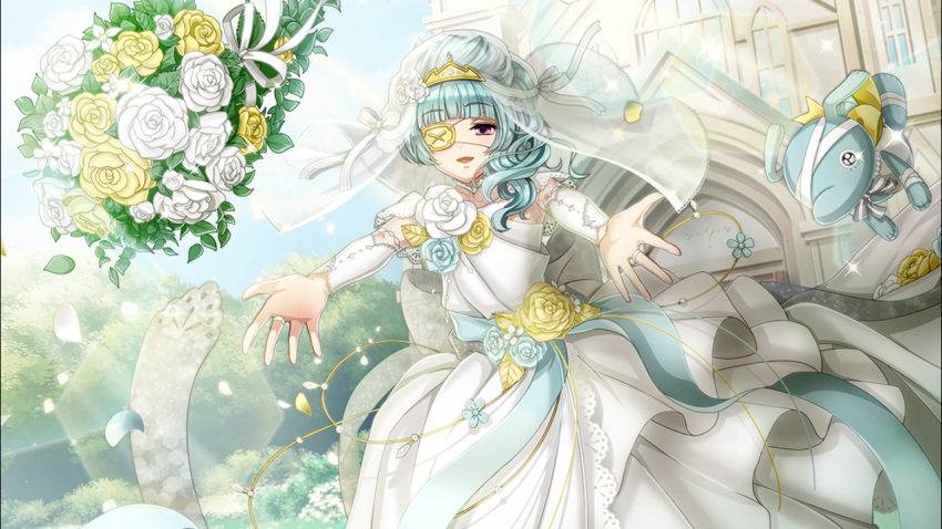 1boy, bangs, blue_hair, blunt_bangs, bouquet, bow, bridal_gauntlets, bridal_veil