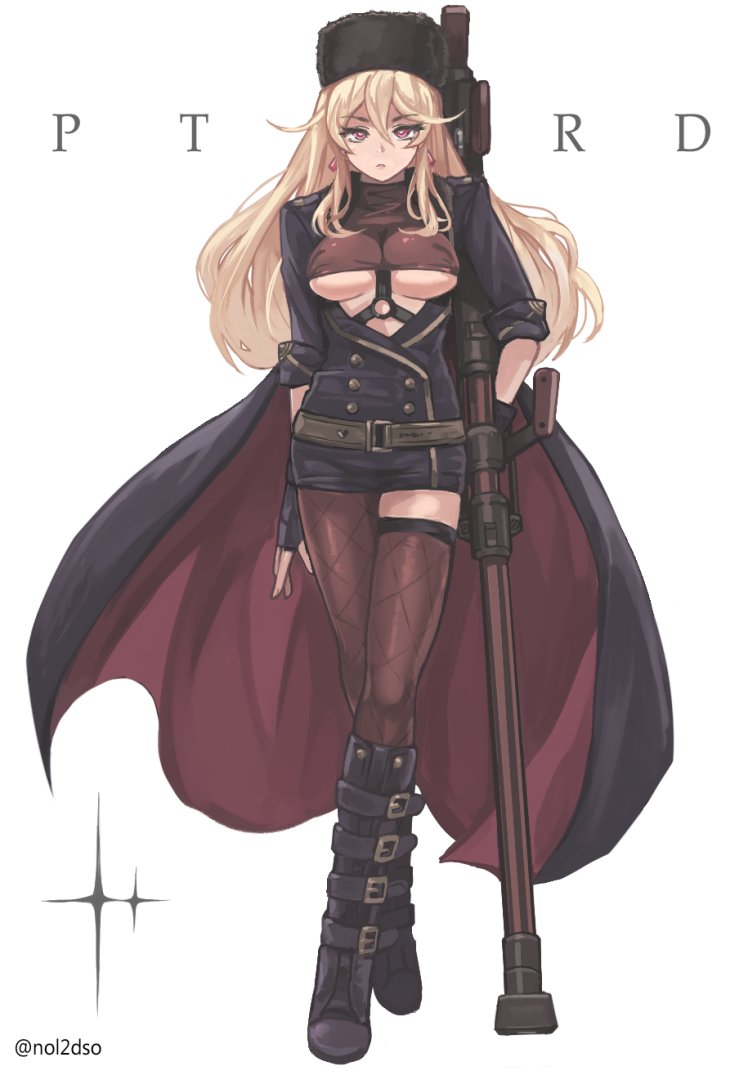 1girl, anti-materiel_rifle, belt, black_footwear, black_hat, black_jacket, black_legwear, blonde_hair