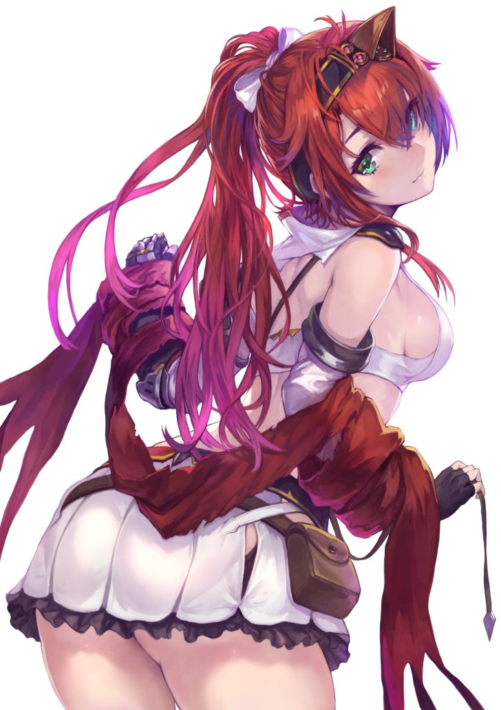 1girl, alushe_anatolia, arm_guards, ass, bare_shoulders, blue_eyes, bow, bra