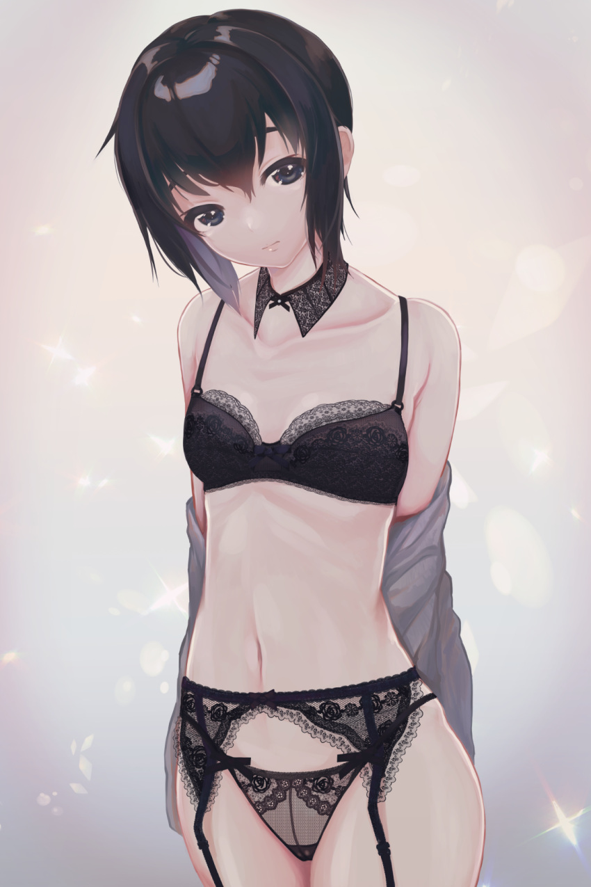 1girl, 5saiji, arms_behind_back, black_bra, black_eyes, black_hair, bra, breasts