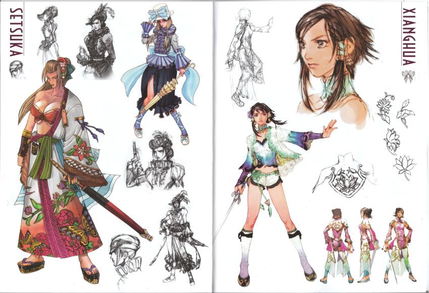 alternate_costume, breasts, chai_xianghua, cleavage, concept_art, geta, hair_tubes, hat