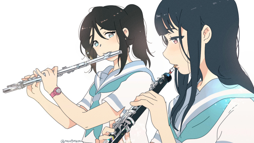 2girls, artist_name, black_hair, blue_eyes, blue_neckwear, blue_serafuku, brown_eyes, brown_hair, flute, hibike!_euphonium, instrument, kasaki_nozomi, liz_to_aoi_tori, long_hair, looking_at_another, medium_hair, moo9mom, multiple_girls, music, oboe, playing_instrument, ponytail, school_uniform, sidelocks, simple_background, twitter_username, upper_body, watch, watch, white_background, yoroizuka_mizore