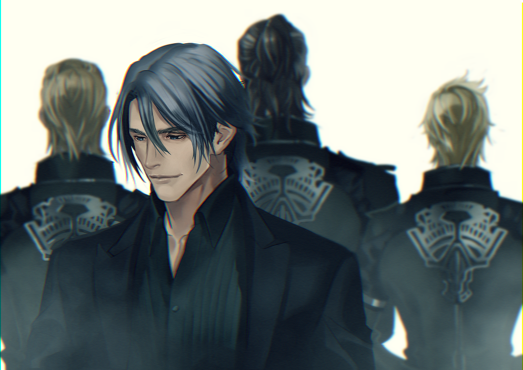 4boys, black_hair, blonde_hair, blurry, brown_hair, depth_of_field, final_fantasy, final_fantasy_xv