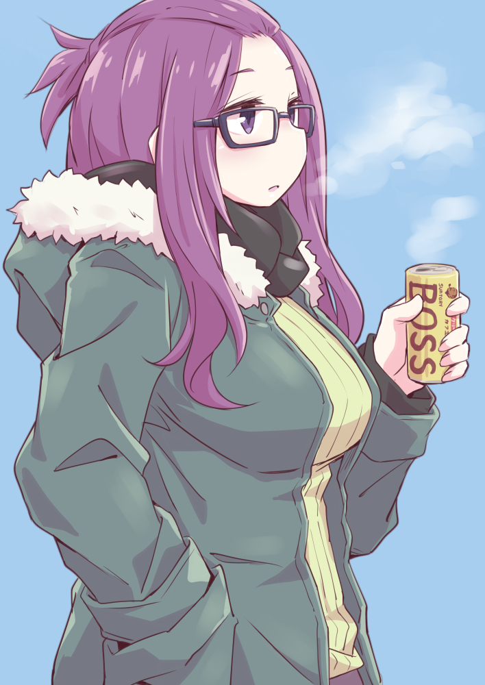 1girl, bangs_pinned_back, black-framed_eyewear, breasts, breath, can, canned_coffee, coffee