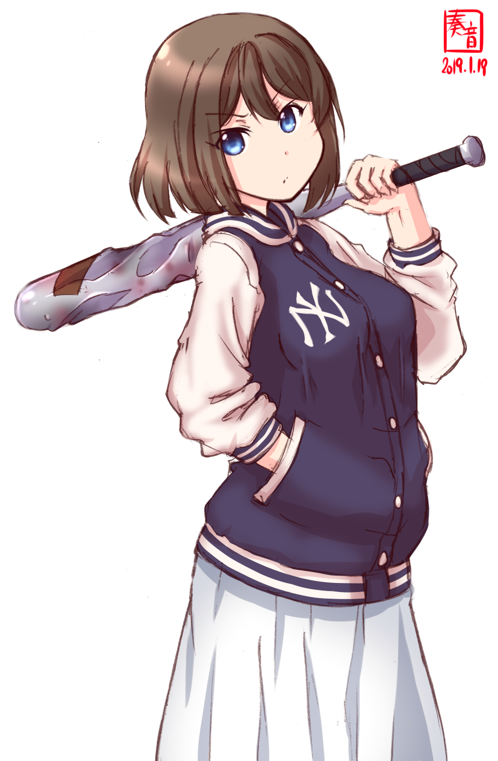 1girl, alternate_costume, baseball_bat, baseball_uniform, blue_eyes, breasts, brown_hair, closed_mouth