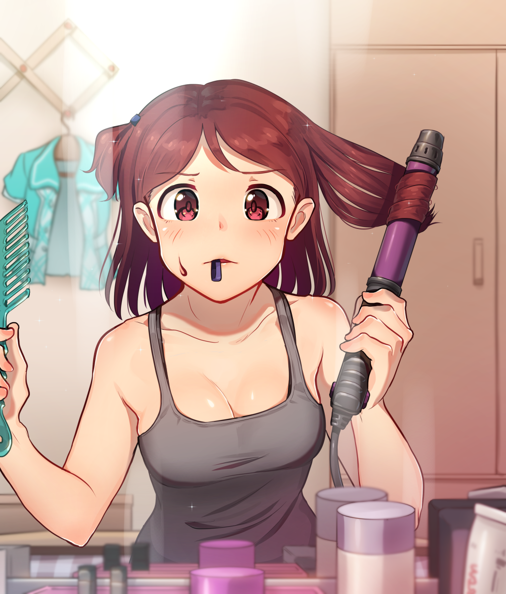 1girl, aoba_misaki, bangs, bare_arms, bare_shoulders, blue_shirt, blush, breasts, cleavage, clothes_hanger, collarbone, comb, commentary_request, curling_iron, eyebrows_visible_through_hair, female_pov, ground_vehicle, hair_rollers, hairdressing, holding, holding_comb, idolmaster, idolmaster_million_live!, idolmaster_million_live!_theater_days, indoors, kamille_(vcx68), looking_at_viewer, medium_breasts, military, military_vehicle, mirror, motor_vehicle, mouth_hold, one_side_up, parted_bangs, parted_lips, pov, redhead, reflection, shirt, short_hair, sleeveless, solo, sparkle, sweatdrop, tank, tareme, upper_body, v-shaped_eyebrows, violet_eyes