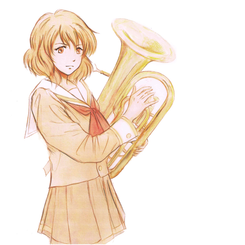 1girl, brown_eyes, brown_hair, brown_skirt, euphonium, hand_up, hibike!_euphonium, highres