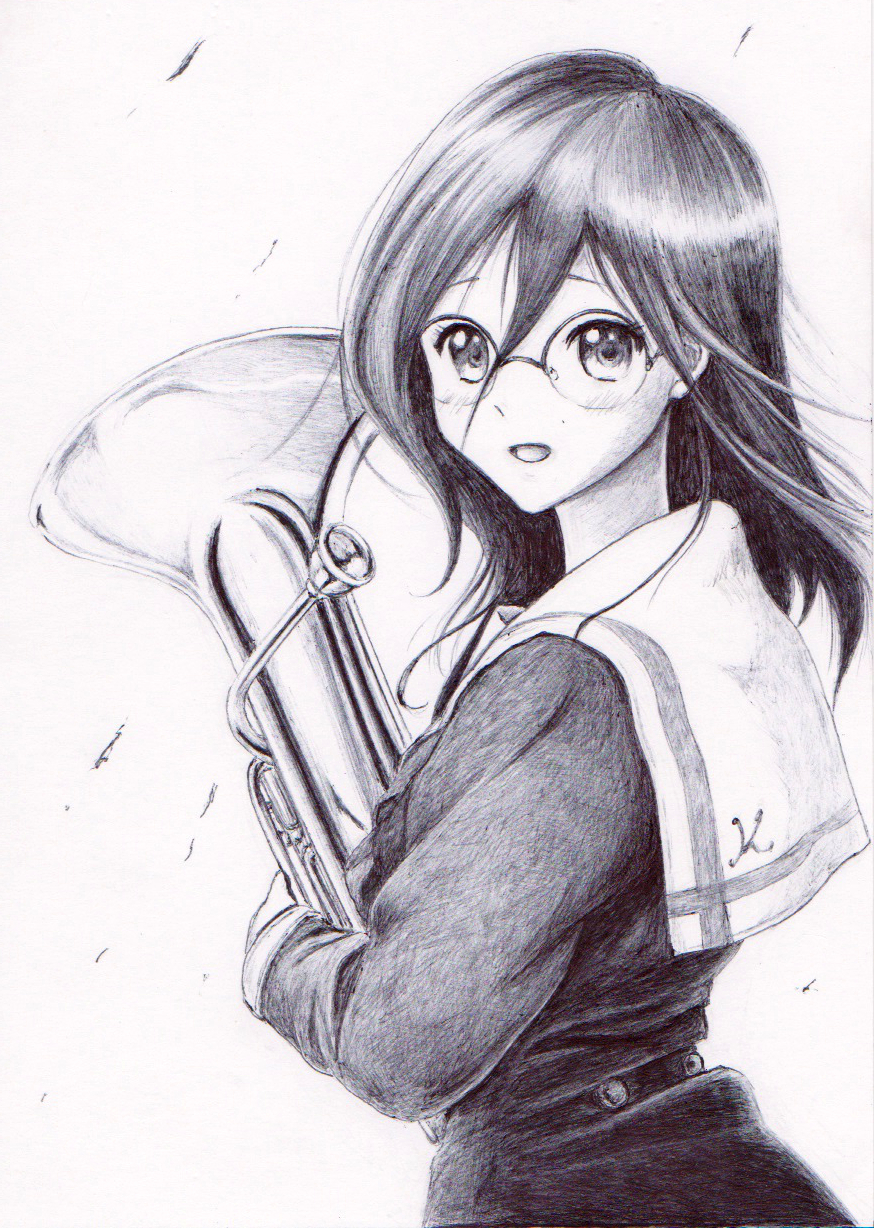 1girl, :d, black_hair, black_skirt, euphonium, glasses, hibike!_euphonium, highres, holding, holding_instrument, instrument, long_hair, looking_at_viewer, monochrome, open_mouth, school_uniform, serafuku, simple_background, skirt, smile, solo, tanaka_asuka, tayutoi, traditional_media, upper_body, white_background