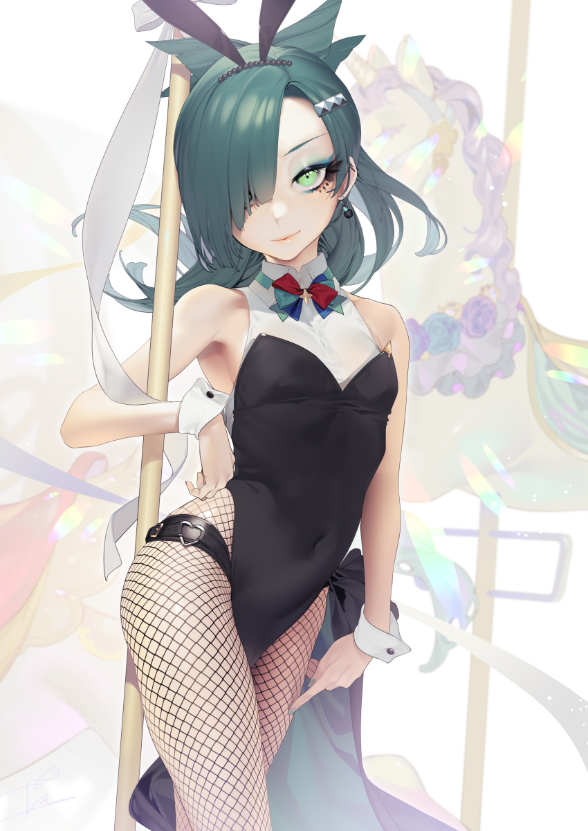 1girl, absurdres, animal_ears, bow, bunny_girl, bunnysuit, covered_navel, fake_animal_ears