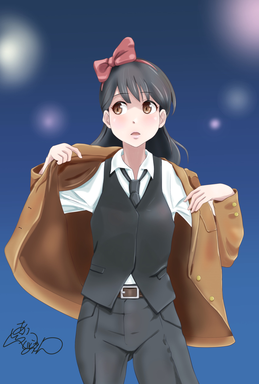 1girl, absurdres, bartender, belt, black_hair, black_neckwear, black_pants, black_vest