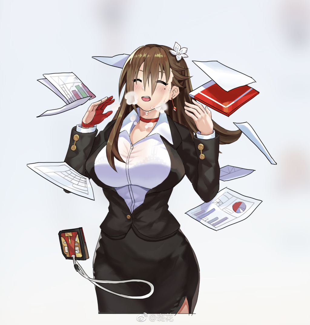1girl, :o, black_suit, breasts, brown_hair, choker, closed_eyes, cowboy_shot, facing_viewer, gloves, hair_between_eyes, hair_ornament, hands_up, id_card, large_breasts, long_hair, long_sleeves, looking_at_viewer, office_lady, original, papers, pencil_skirt, red_choker, red_gloves, simple_background, single_glove, skirt, solo, sweatdrop, visible_breath, watermark, yoo_(1009980455)
