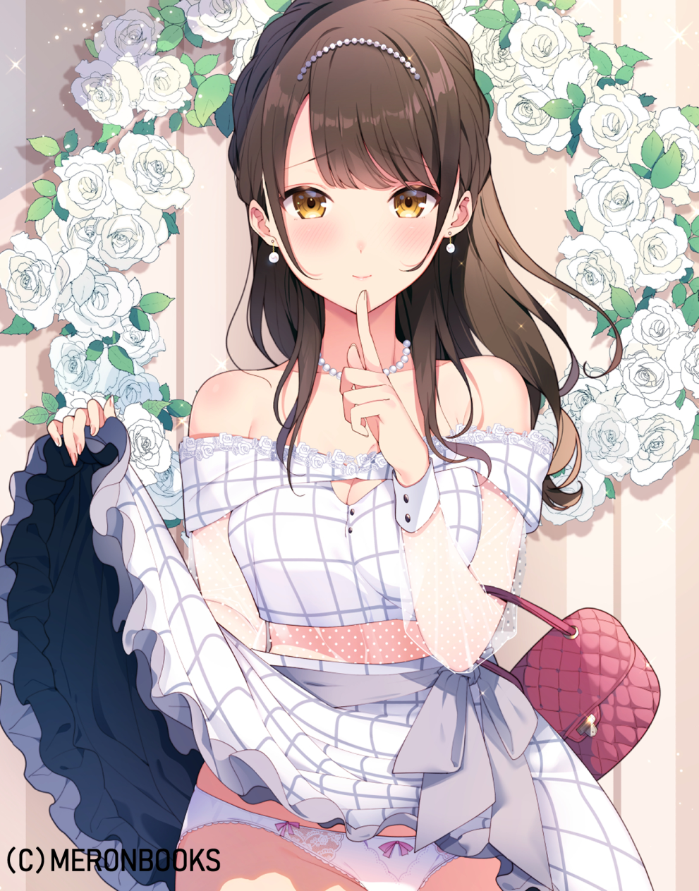 1girl, bag, bangs, bare_shoulders, blush, breasts, brown_eyes, brown_hair