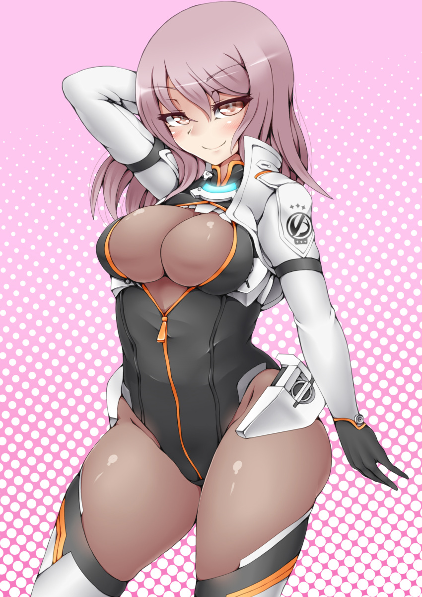 1girl, absurdres, alice_gear_aegis, arm_up, black_gloves, blush, brown_hair, closed_mouth