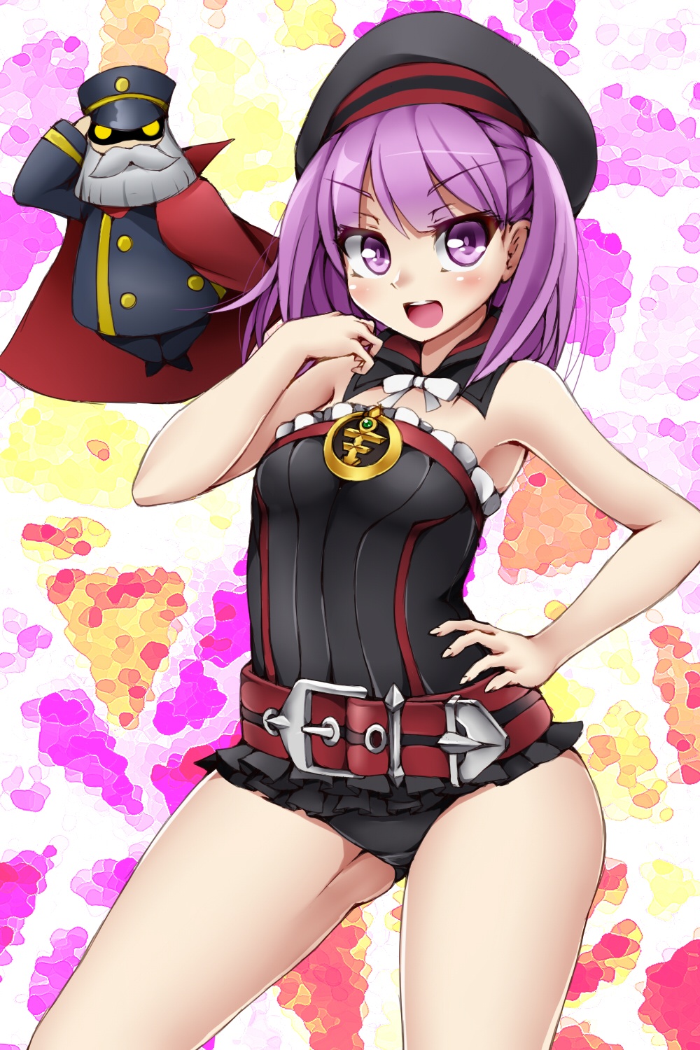 1girl, :d, bare_shoulders, beard, belt, beret, black_dress, black_hat