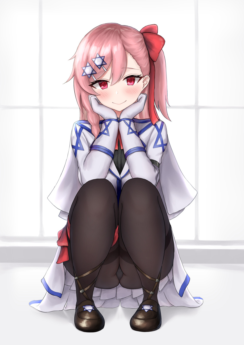 1girl, arm_strap, ass, bangs, black_legwear, black_panties, blush, bow