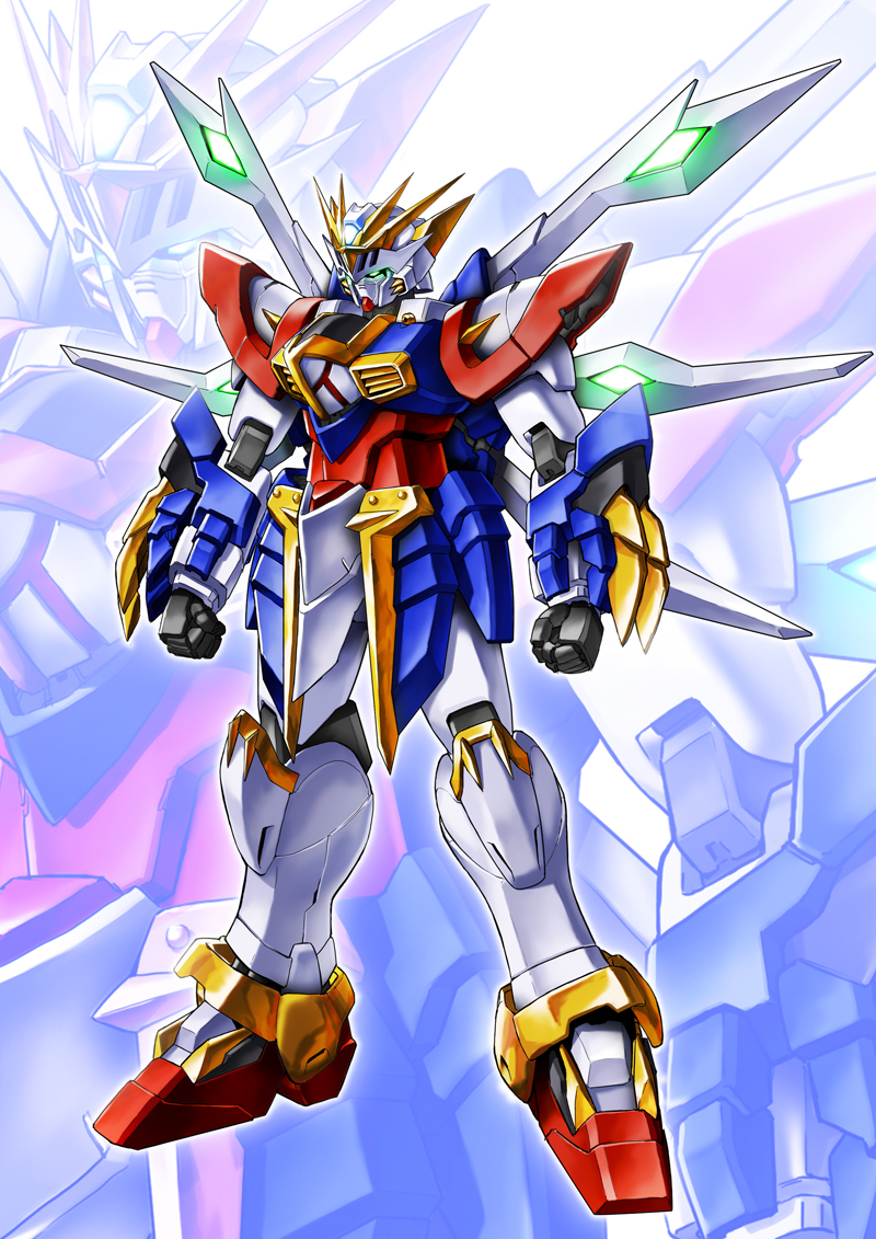 claws, clenched_hand, clenched_hands, commentary, g_gundam, glowing, glowing_eyes, god_gundam, gundam, horn, horns, knight, machinery, mecha, mechanization, no_humans, oldschool, robot, science_fiction, solo, super_robot, tyuga, zoom_layer