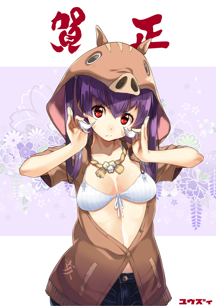 >:(, 1girl, animal_hood, arms_up, boar_hood, breasts, brown_jacket, buttons, chinese_zodiac, cleavage, closed_mouth, collarbone, cowboy_shot, denim, front-tie_bikini, front-tie_top, gradient_hair, head_tilt, holding, holding_hair, hood, hood_up, hooded_jacket, jacket, jeans, long_hair, looking_at_viewer, medium_breasts, multicolored_hair, open_clothes, open_jacket, original, pants, partially_unbuttoned, purple_hair, red_eyes, rope, short_sleeves, solo, tareme, twintails, v-shaped_eyebrows, white_bikini_top, white_hair, year_of_the_pig, yuuzii
