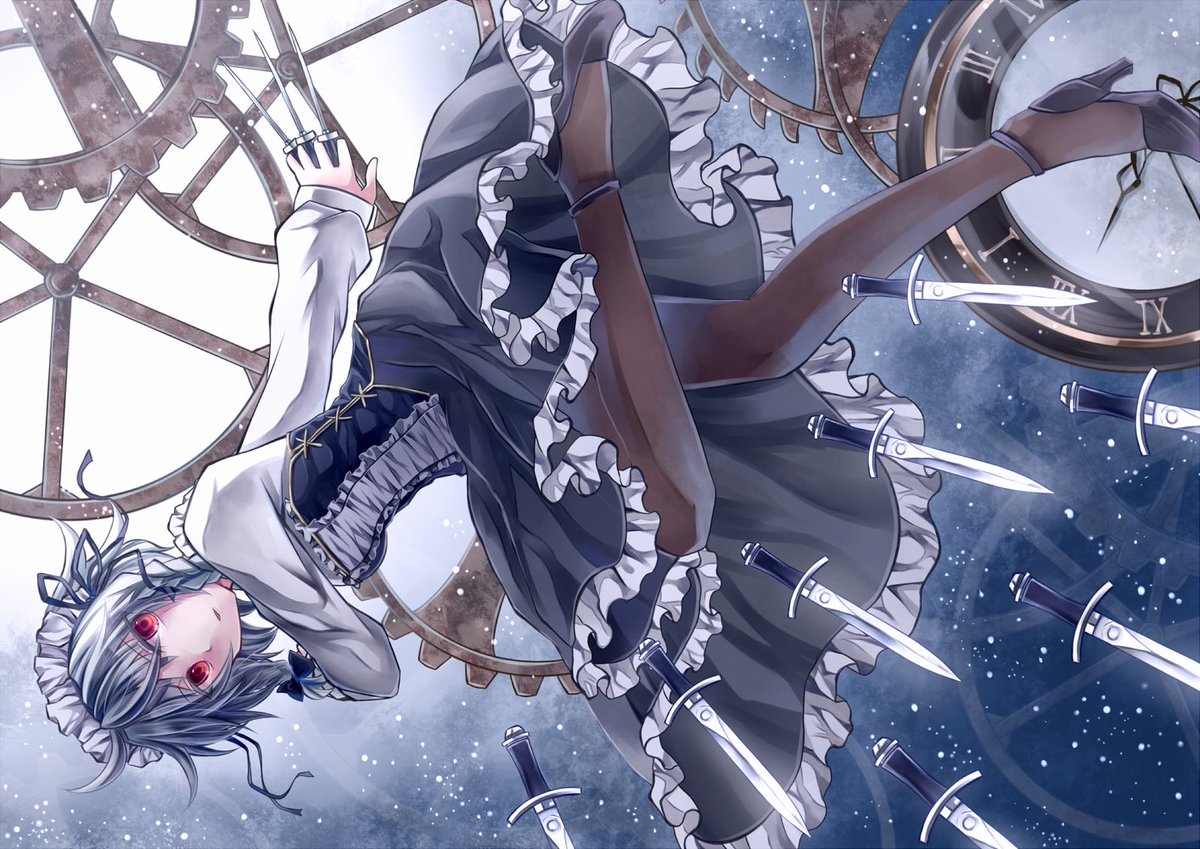 1girl, blue_skirt, braids, clock, clock_gear, clock_hand, cog, danmaku