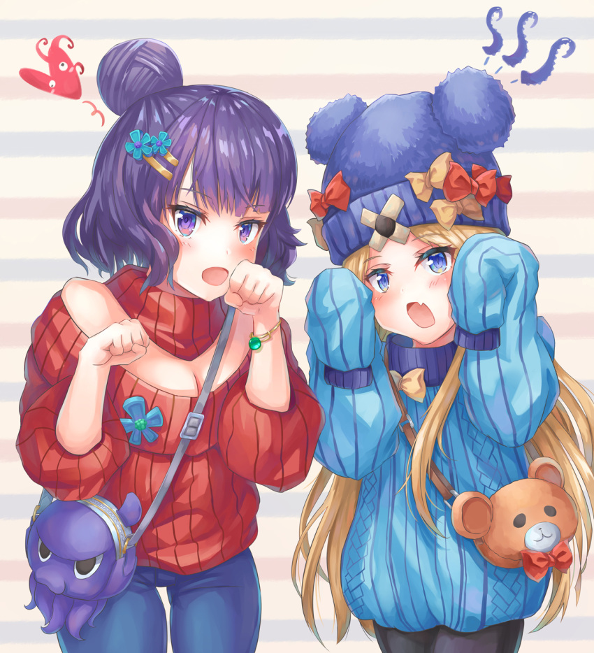 2girls, abigail_williams_(fate/grand_order), animal_bag, animal_ears, animal_hat, bad_anatomy, bag, bangle