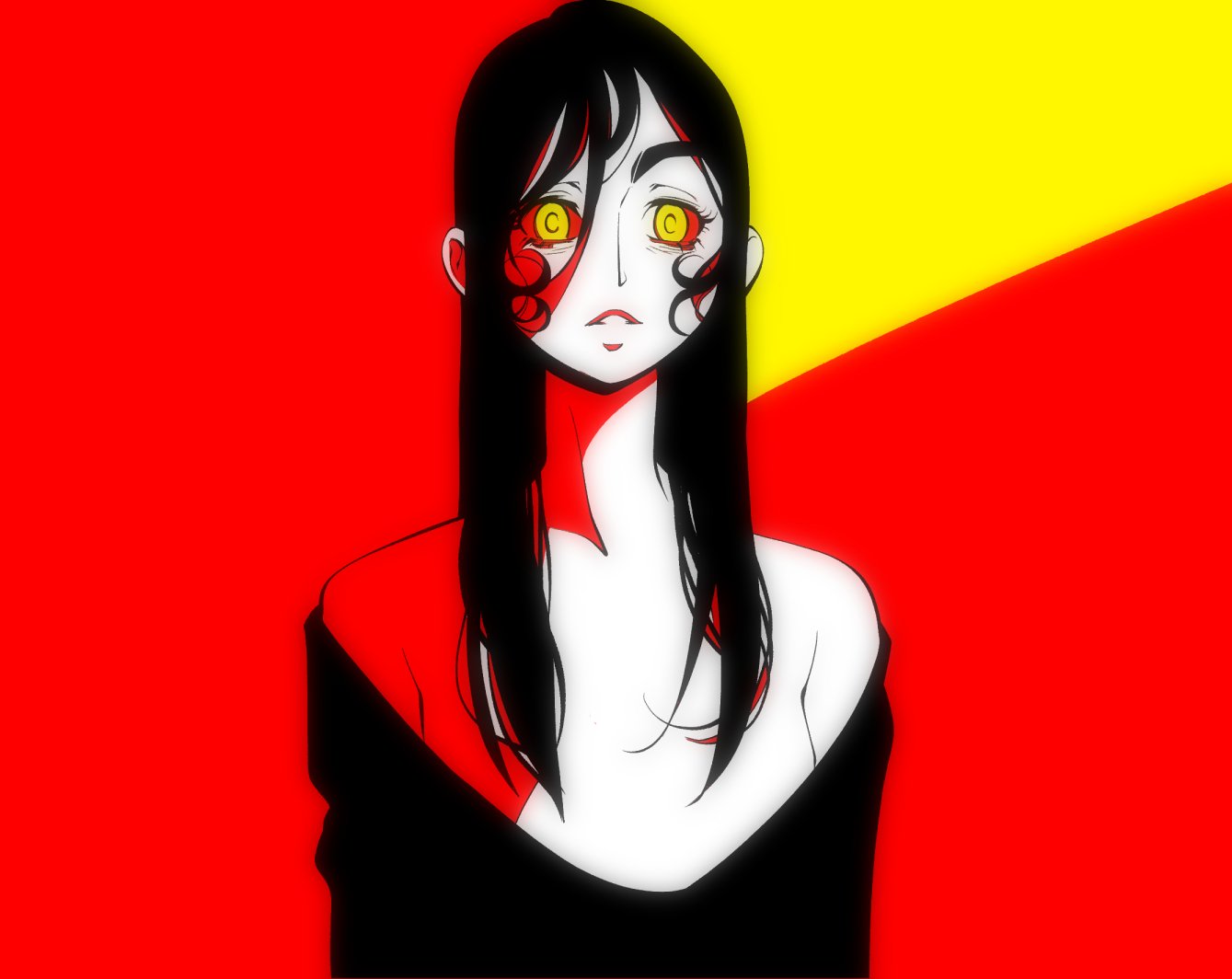 1girl, bare_shoulders, black_hair, black_shirt, medium_hair, original, parted_lips, red_background, red_sclera, shirt, solo, standing, straight_hair, upper_body, yellow_background, yellow_eyes, yves_bigerel