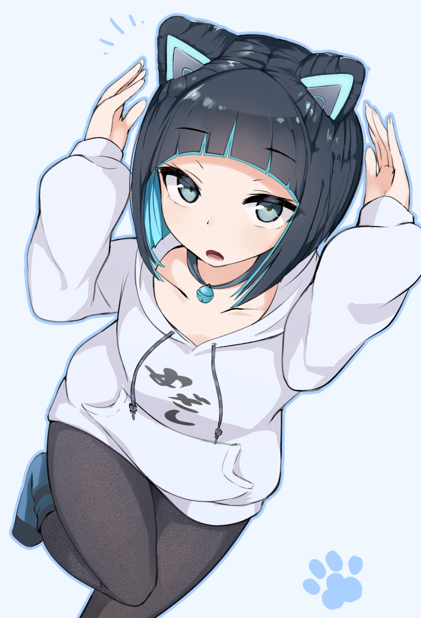 1girl, animal_ears, arms_up, bangs, bell, bell_collar, black_hair, black_legwear