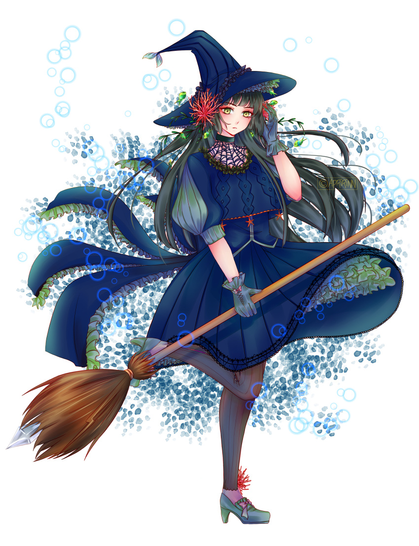 1girl, absurdres, apririnn, artist_name, black_hair, black_legwear, blue_dress, blue_gloves, blue_hat, broom, coral_hair_ornament, dress, fish, food_fantasy, frills, gloves, green_footwear, hand_up, hat, high_heels, highres, holding, holding_broom, long_hair, puffy_short_sleeves, puffy_sleeves, short_sleeves, solo, standing, standing_on_one_leg, sushi_(food_fantasy), twitter_username, very_long_hair, white_background, witch_hat