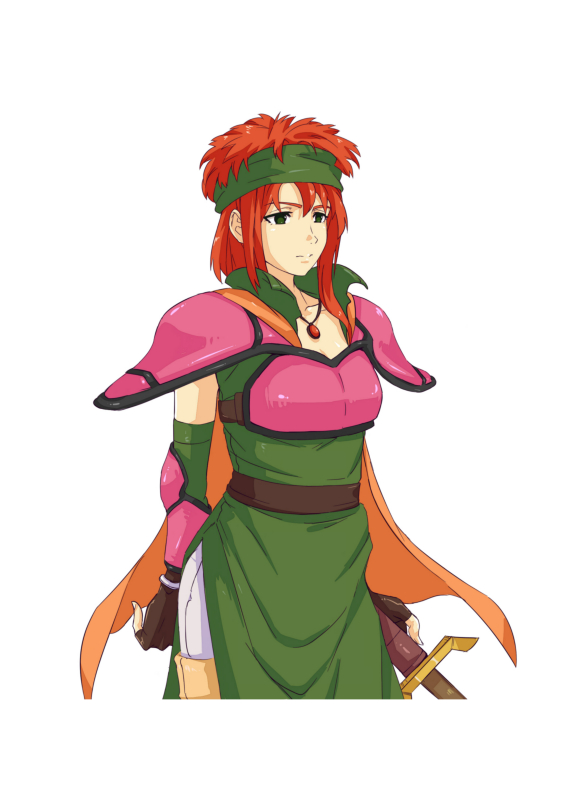 1girl, belt, boots, bracelet, breastplate, breasts, cape, cleavage, fingerless_gloves, gloves, green_eyes, headband, honma0220, jewelry, julia_(tear_ring_saga), long_hair, necklace, orange_hair, solo, sword, tear_ring_saga, weapon, white_background