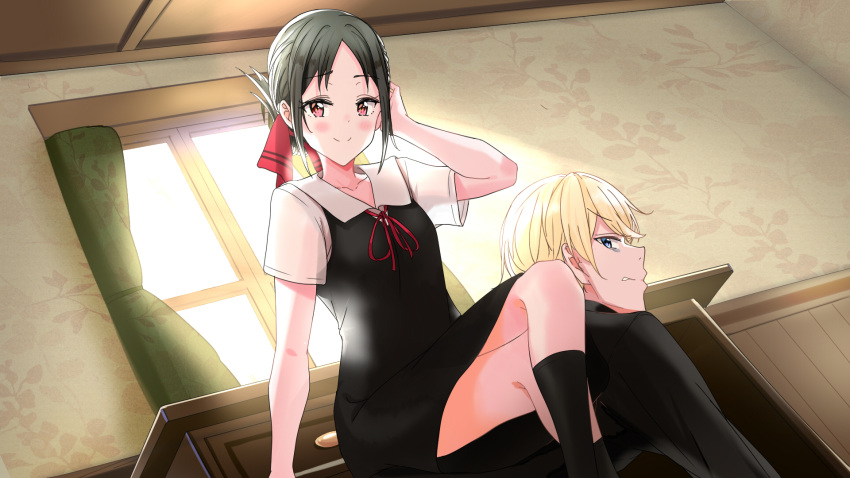 1boy, 1girl, all_fours, arrichee, black_hair, blonde_hair, blue_eyes, blush