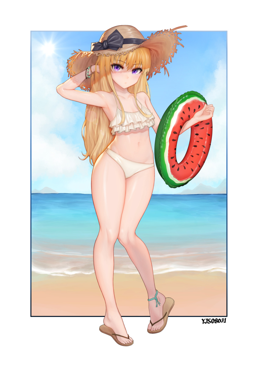 1girl, absurdres, anklet, armpits, arms_up, artist_name, bangs, beach