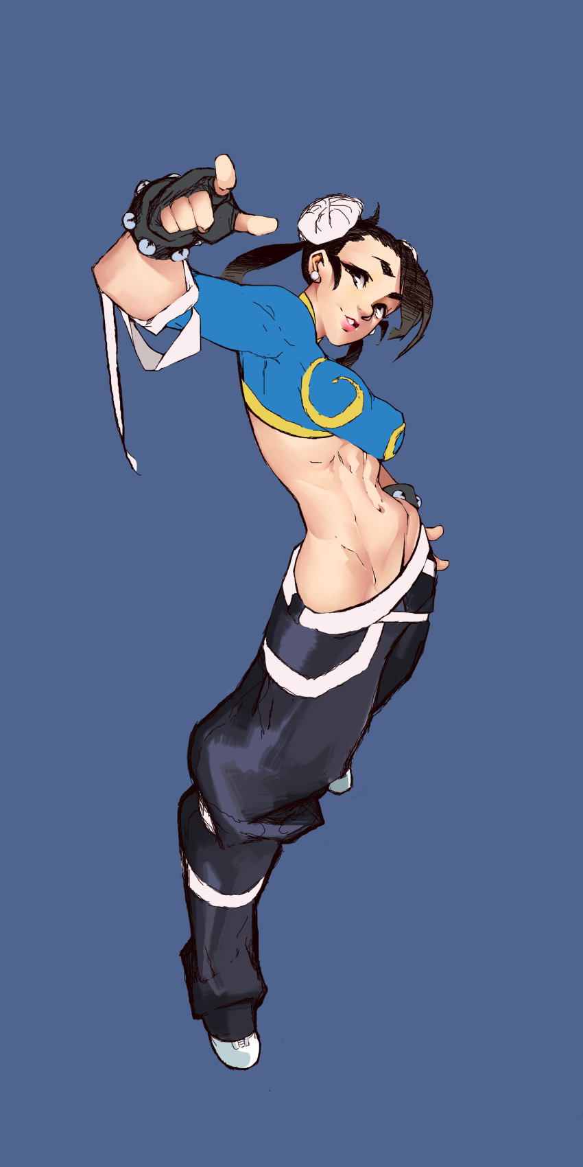 1girl, absurdres, adapted_costume, baggy_pants, black_gloves, black_hair, breasts, brown_eyes