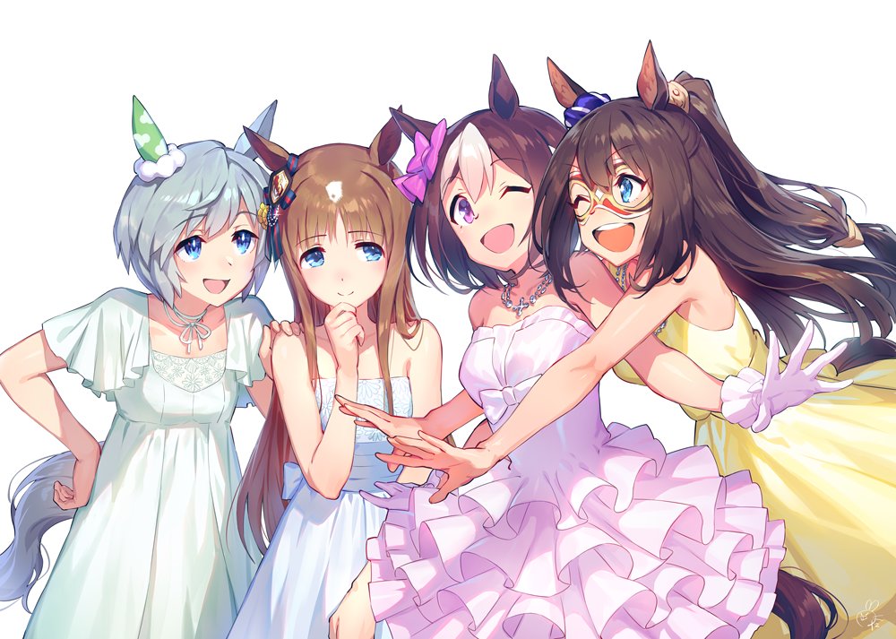 4girls, animal_ears, blue_eyes, bow, brown_hair, chin_stroking, dress, el_condor_pasa