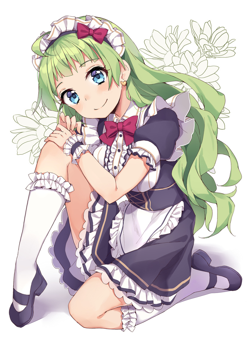 1girl, apron, blue_eyes, breasts, chobi_(penguin_paradise), dress_shoes, earrings, eyebrows_visible_through_hair