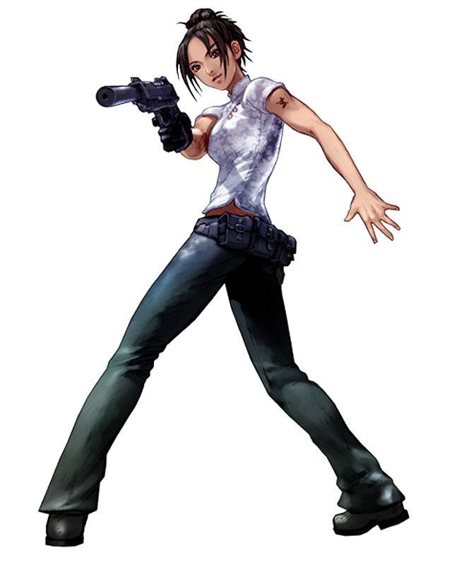 1girl, black_hair, breasts, chinese_clothes, denim, fong_ling, full_body, gloves, gun, hair_bun, handgun, holding, holding_gun, holding_weapon, jeans, kawano_takuji, medium_breasts, namco_x_capcom, official_art, pants, pistol, pouch, resident_evil, resident_evil_dead_aim, short_hair, short_sleeves, simple_background, single_glove, solo, suppressor, tan, tangzhuang, tattoo, weapon, white_background