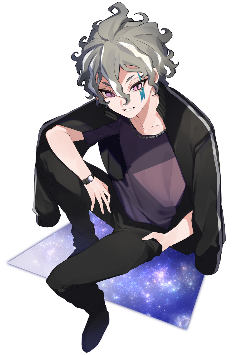 1boy, absurdres, facial_mark, grey_hair, grin, highlights, highres, inazuma_eleven_(series)