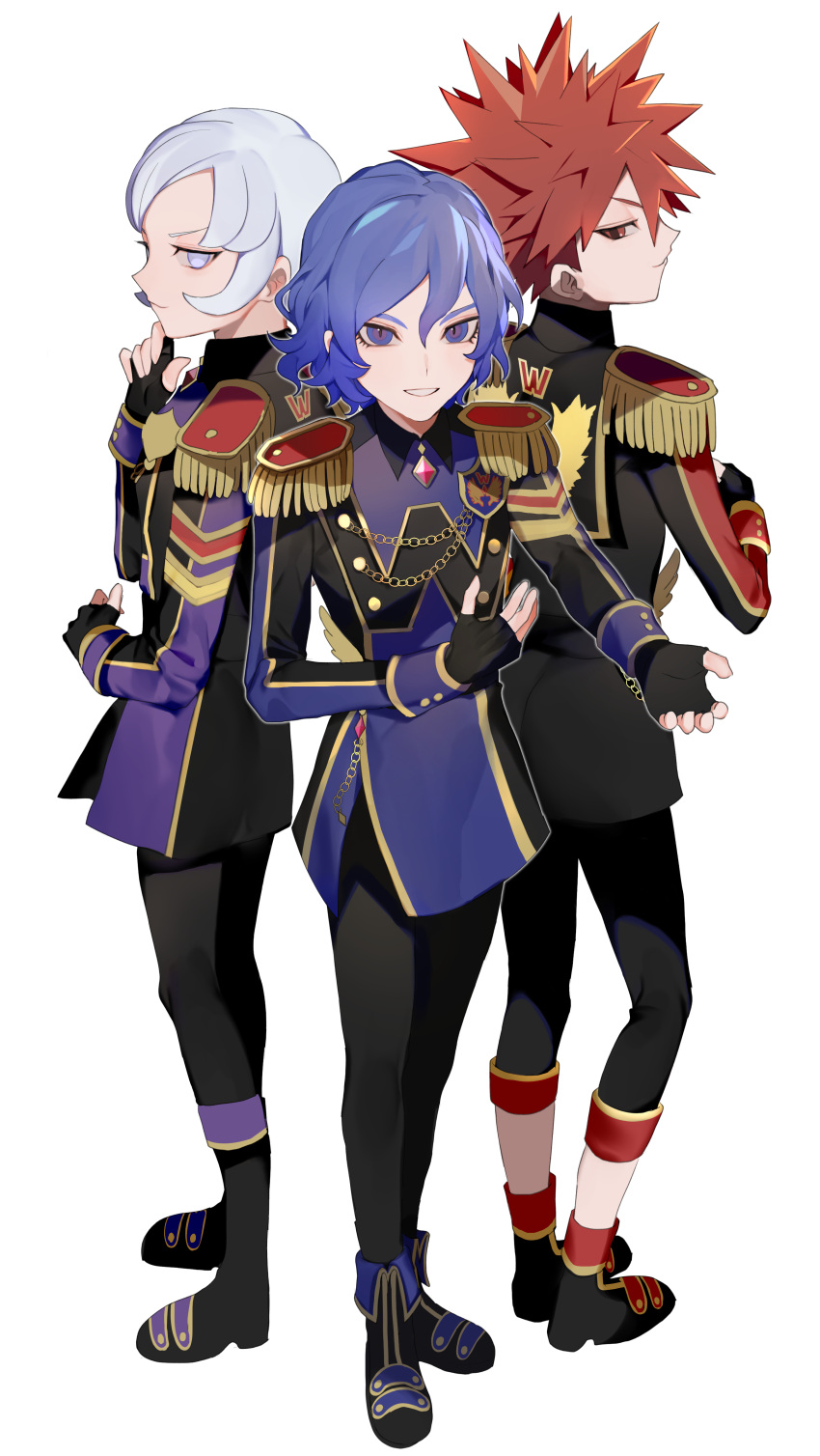 3boys, absurdres, blue_eyes, blue_hair, epaulettes, fingerless_gloves, gloves, grin