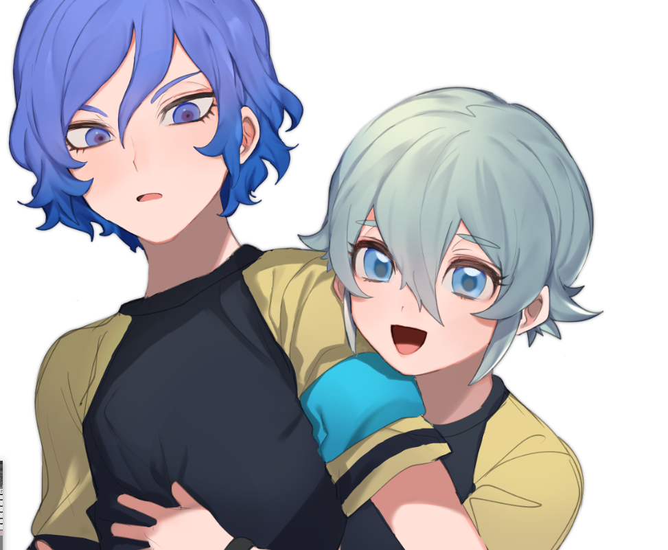 2boys, blue_eyes, blue_hair, blush, eyebrows_visible_through_hair, hair_between_eyes, hug, hug_from_behind