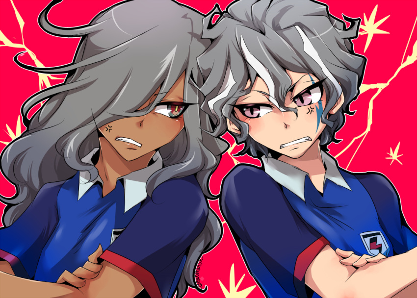 2boys, anger_vein, angry, awom, crossed_arms, grey_hair, hair_over_one_eye, haizaki_ryouhei