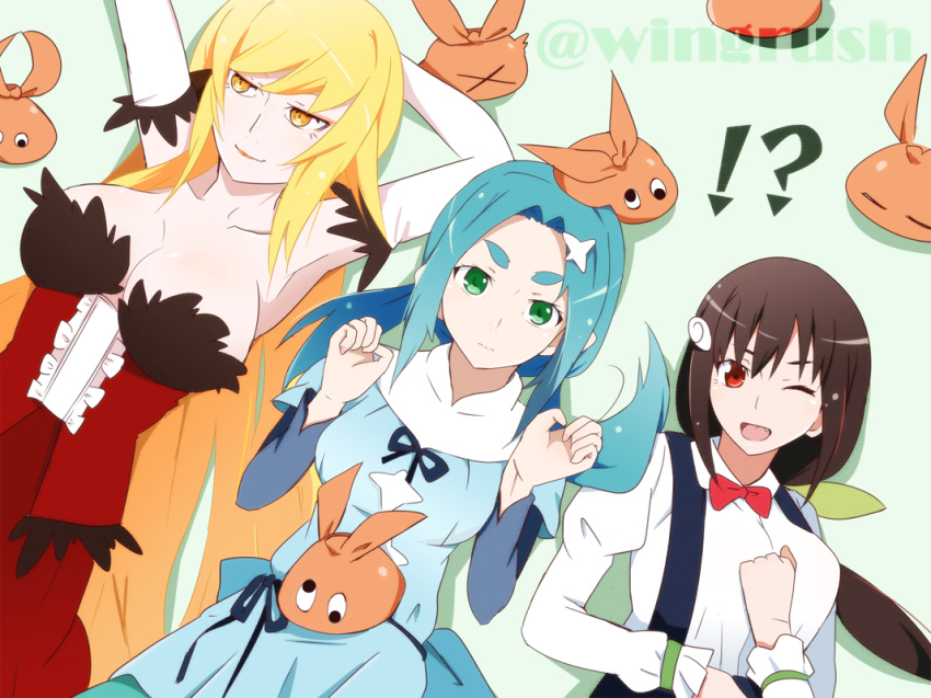 !?, 3girls, ;d, aqua_hair, blonde_hair, breasts, brown_hair, commentary_request