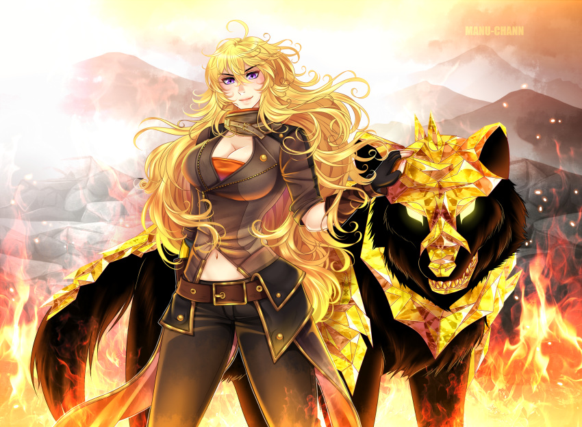 1girl, ahoge, animal, belt, black_gloves, blonde_hair, boots, breasts