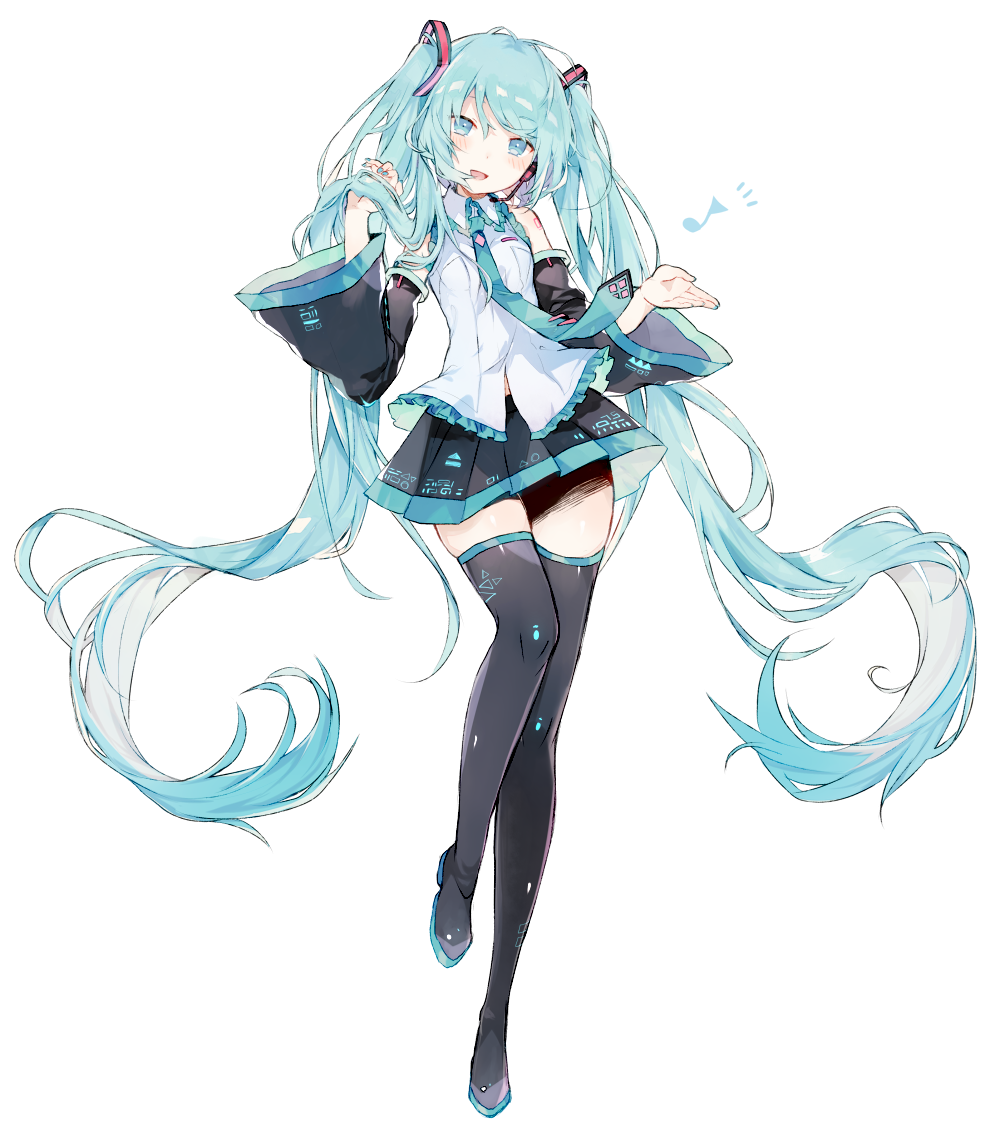 1girl, :d, aqua_eyes, aqua_hair, bare_shoulders, black_footwear, black_legwear, black_skirt
