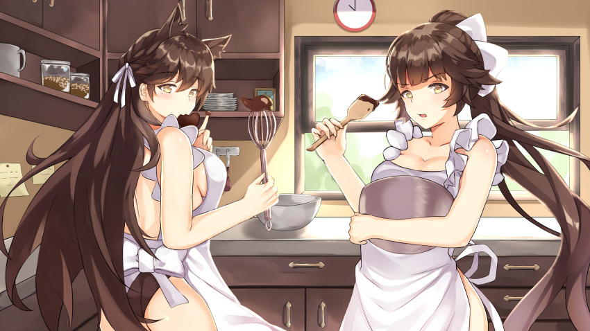 2girls, animal_ears, apron, atago_(azur_lane), azur_lane, black_hair, black_panties, breasts