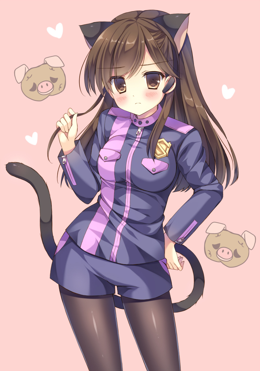1girl, animal_ears, bangs, blush, breasts, brown_background, brown_eyes, brown_hair