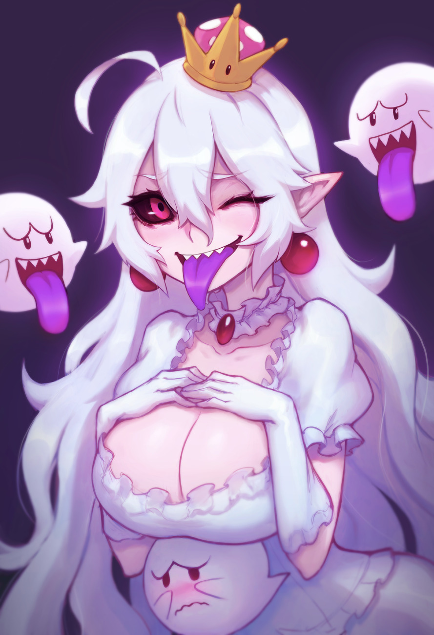 1girl, 3others, ahoge, black_sclera, boo, breasts, cleavage, collar