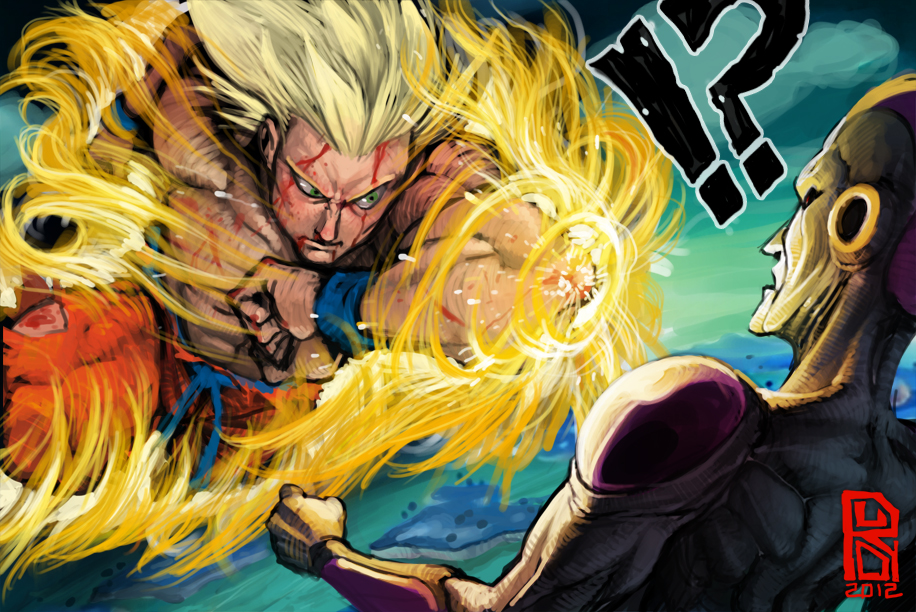 !?, 2boys, alien, attack, back, battle, belt, blonde_hair