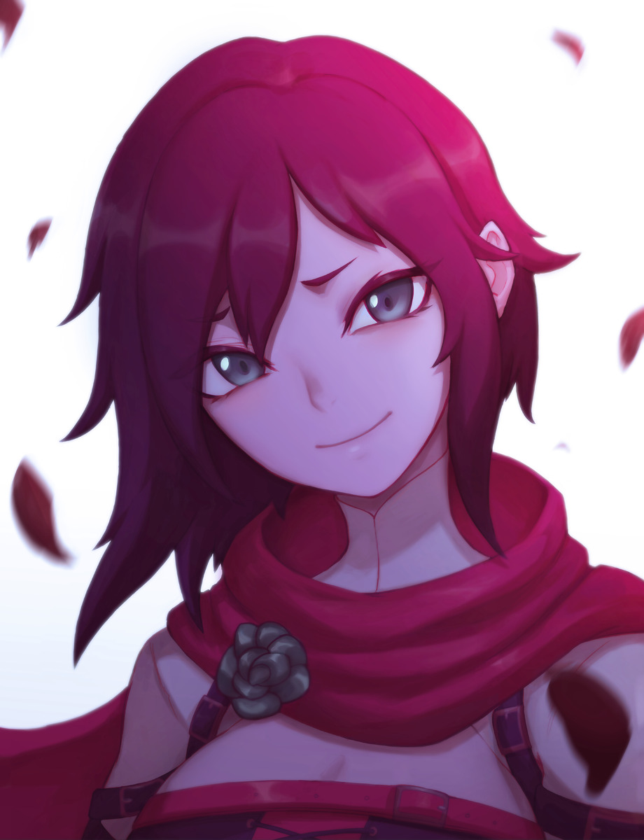 1girl, cape, cloak, closed_mouth, commentary, crescent_rose, face, falling_petals