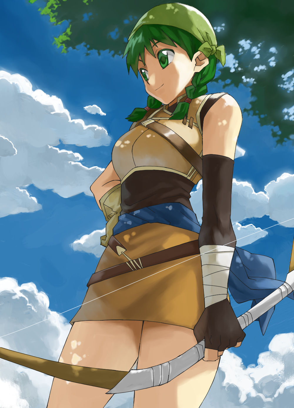 1girl, bandanna, bow_(weapon), braid, clouds, fingerless_gloves, fire_emblem, fire_emblem:_rekka_no_ken