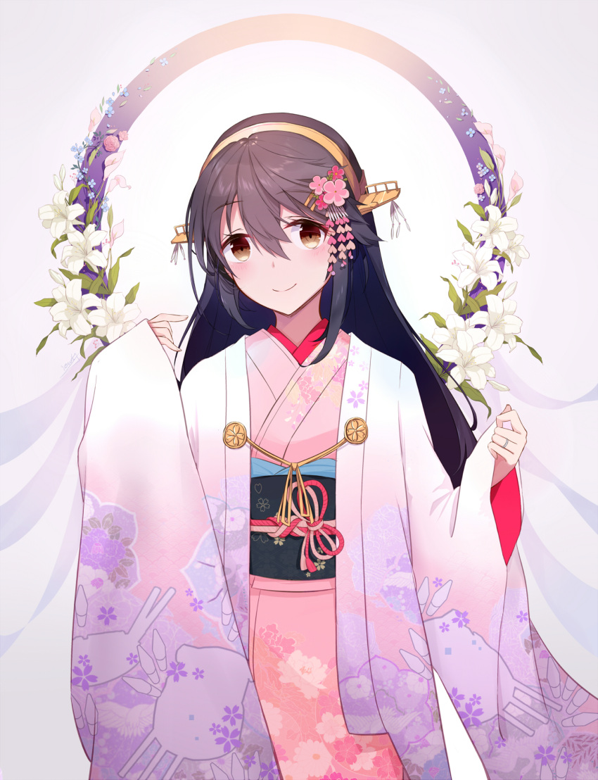 1girl, alternate_costume, black_hair, blush, eyebrows_visible_through_hair, flower, furisode, hair_between_eyes