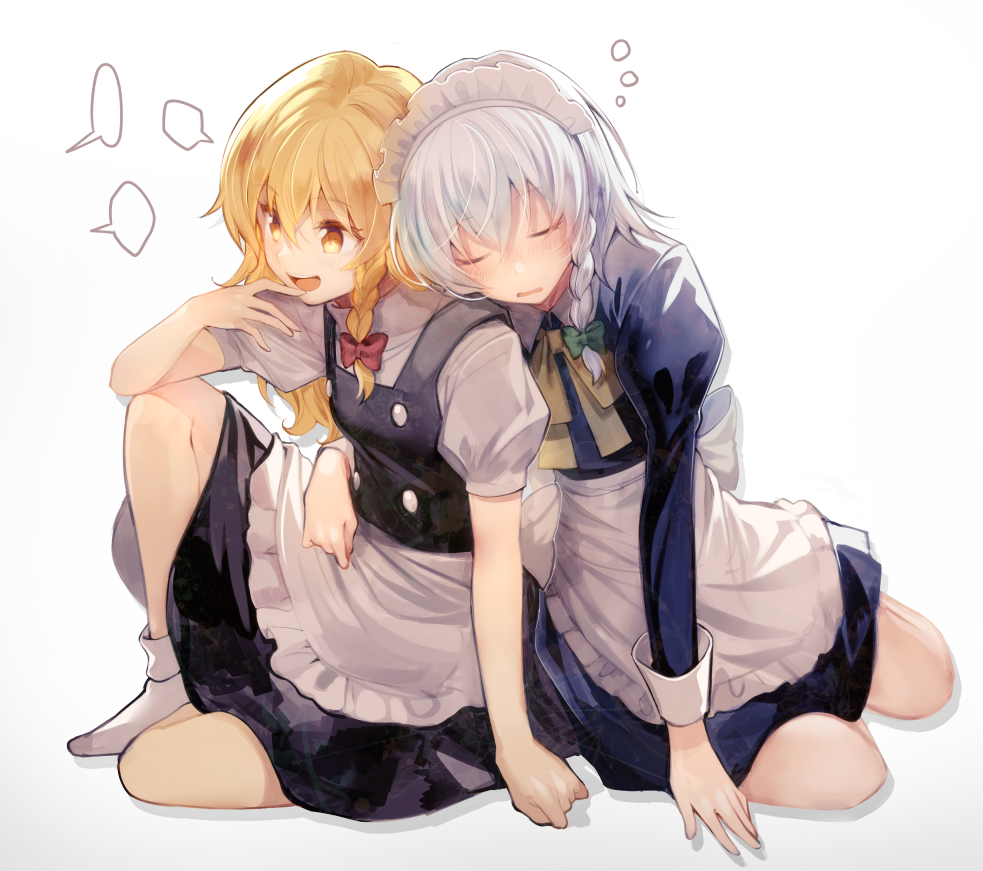 2girls, :d, apron, bangs, black_skirt, black_vest, blank_speech_bubble, blonde_hair